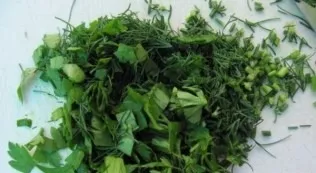 Wash the greens, dry and chop.