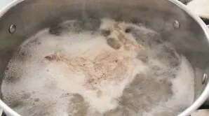 Disassemble the chicken, put it in a saucepan, leave the chicken breast separately and pour water. Bring the water to a boil and boil for...