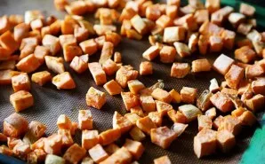 Preheat oven to 200 degrees. Wash and peel the potatoes. Cut into small cubes and fry them for about 20 minutes. Then we rub it into a pu...
