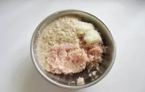 Wash the chicken fillet. Soak the white baguette in cold water and squeeze after 5 minutes. Peel and chop the onion, garlic. Pass the fil...