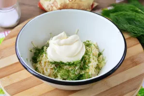 Add finely chopped dill to the cheese and add mayonnaise. Pepper, if desired. I do not advise adding salt, because the cheese is already ...