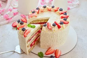 Cut the cake into pieces and serve.