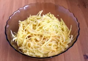 Preheat oven to 200 degrees. Grate the potatoes on a coarse grater, and the onion on a fine grater. Press the garlic. If the potatoes are...