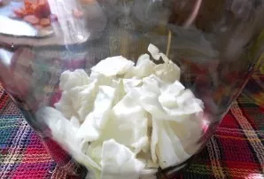 Cut the cabbage into cubes. Put in sterilized jars.