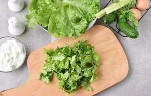Wash and dry the lettuce leaves. Place the beauties in a circle in a salad bowl. Coarsely chop the rest or place in a large bowl.