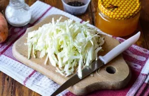 Cut the cabbage into thin strips.