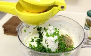 Add lemon juice, capers, herbs, salt and pepper.