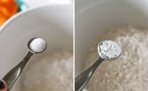 Mix flour, baking powder, salt, cinnamon, nutmeg, sugar.