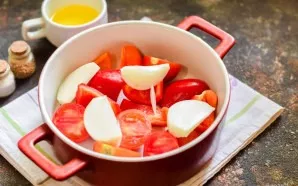 Peel the peppers and cut them as desired, cut half of the tomatoes into slices, cut the onion into slices. Transfer the vegetables to the...