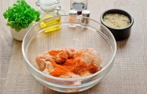 Put the chicken thighs in a deep bowl. Add spices, salt and ground pepper to the chicken to taste. Also, in addition to the main spices, ...