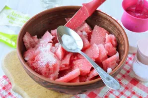 Mix watermelon pieces with sugar and salt.