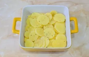 Grease the baking dish with vegetable oil. Cut the peeled potatoes into slices and place them along the bottom of the mold. Sprinkle all ...