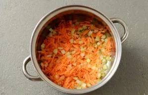 Then add chopped celery and grated carrots, fry for another 5 minutes. At the end, add chopped garlic, saut everything together for 1 min...