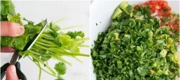 I put all the chopped ingredients in a bowl and squeezed the juice out of the three limes and stirred. Wash the cilantro and cut off the ...