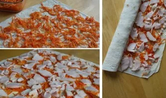 Apply the remaining mayonnaise evenly to the top of the second lavash and first lay out the carrots, and then the smoked chicken. Now you...
