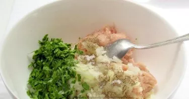 Mix the mince with onions and herbs. Add spices to taste.