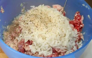 Peel the zucchini and grate on a coarse grater. Mix with boiled rice, minced meat and fried onions.