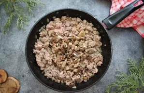 Put the mince in a pan with onion and fry, stirring and chopping the pieces for 10-15 minutes. Add finely chopped mushrooms and, stirring...