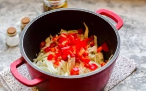Boil water in a saucepan, add cabbage and add the peppers chopped into cubes.