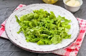 Tear the lettuce leaves with your hands and lay out on a flat plate to form a salad tray.