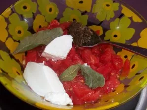Now cut the tomatoes into small pieces and mix with sour cream and half a mixture of garlic and spices. Add half a liter of water, bay le...