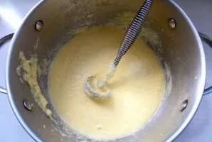 Beat the eggs and beat again.