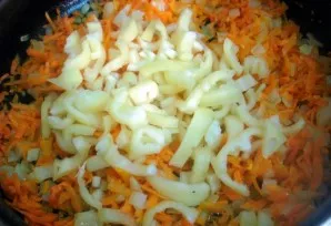 Chop the second onion and fry with grated carrots. When tender, add chopped bell peppers to the pan and saut until tender.
