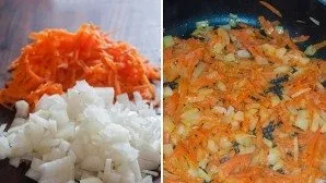 Peel onions and carrots, chop and fry in a pan with a little vegetable oil.
