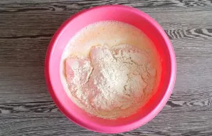 Add flour to the egg mixture. Beat with a mixer until smooth.