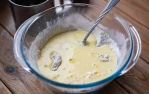 Pour the liquid mixture into the dry ingredients.