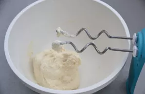 Knead the dough. If you knead by hand, it will take 8-10 minutes, you can with a mixer with a ,,hook,, attachment.