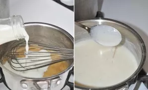 In a thin stream, pour in the milk, stirring further. If desired, add a little salt and a pinch of pepper. Cook until thick.