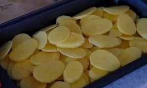 Cut the potatoes into rings of medium thickness. Place in a baking dish. Season with salt, pepper and vegetable oil.