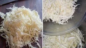 Finely chop the cabbage and, together with the fried vegetables, put in a saucepan with broth.