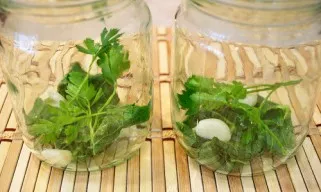 When sterilization is over, put horseradish leaves, parsley and garlic in the jars (I have 2 jars per 1/2 liter).