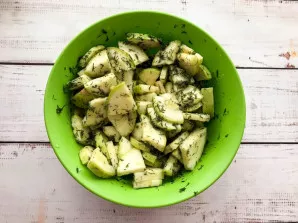 Mix all the ingredients well, cover tightly and leave the zucchini to marinate overnight in the refrigerator.