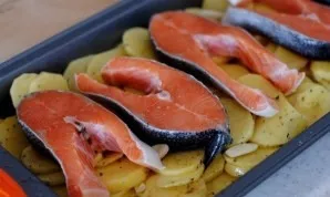 Put the pieces of trout on the potatoes, lightly salt them.