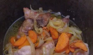 Add onions and carrots to the ribs, pour boiled water, salt and simmer with cover for about 20 minutes