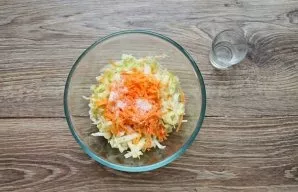 Pour vinegar over the vegetables and soften the cabbage with your hands and squeeze out some juice.