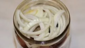 And we put in a jar in layers: onions and slices of fish. Break the bay leaf into pieces and place it between the layers.