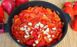 Add chopped garlic and a little chilli. Simmer for another 5 minutes and transfer the boiling salad to a sterile jar. Screw with a metal ...