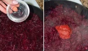 Meanwhile, add a little more oil to the pan and add the grated beets. Fry for a couple of minutes and add vinegar. Simmer for another 5 m...