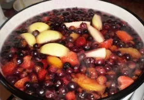 Boil water with berries and fruits, add sugar and a little citric acid to taste, cook on low heat for about 5 minutes.