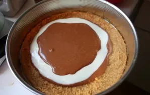 Now take the cake form out of the fridge and assemble the cake: place 5 spoonfuls of chocolate and white curd mixture alternately on top ...