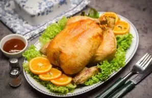 Cook the hen for 1.5 hours. After a while, remove the chicken and let stand for 15-20 minutes so that the juice is evenly distributed and...