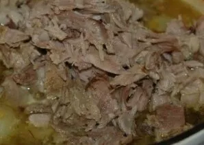 At the very end of cooking peas, put the meat in a saucepan. Boil for a couple more minutes and thats it!