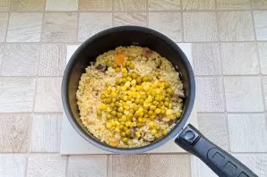 Add canned corn and canned green peas.