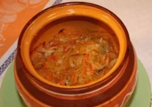 We distribute meat, cabbage and vegetables from the pan into the pots, add salt, pepper, if necessary, add a little water. We put the pot...