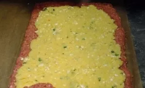 Put the mince on a cling film or a damp waffle towel in a rectangular layer about 1 cm thick. The size of my meat layer is approximately ...