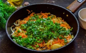 Add chopped greens, stir.